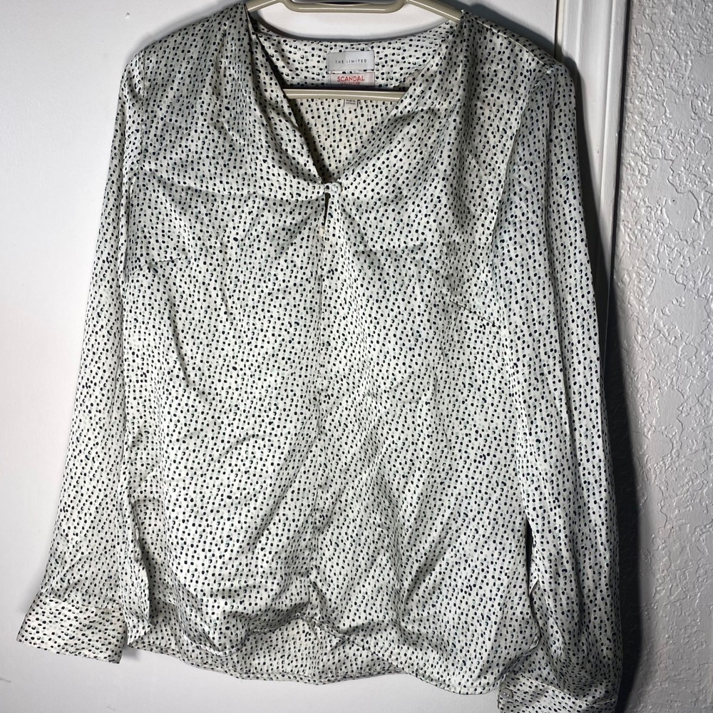 The Limited Scandal Collection Blouse Cream Black Green Dot Long Sleeve Small